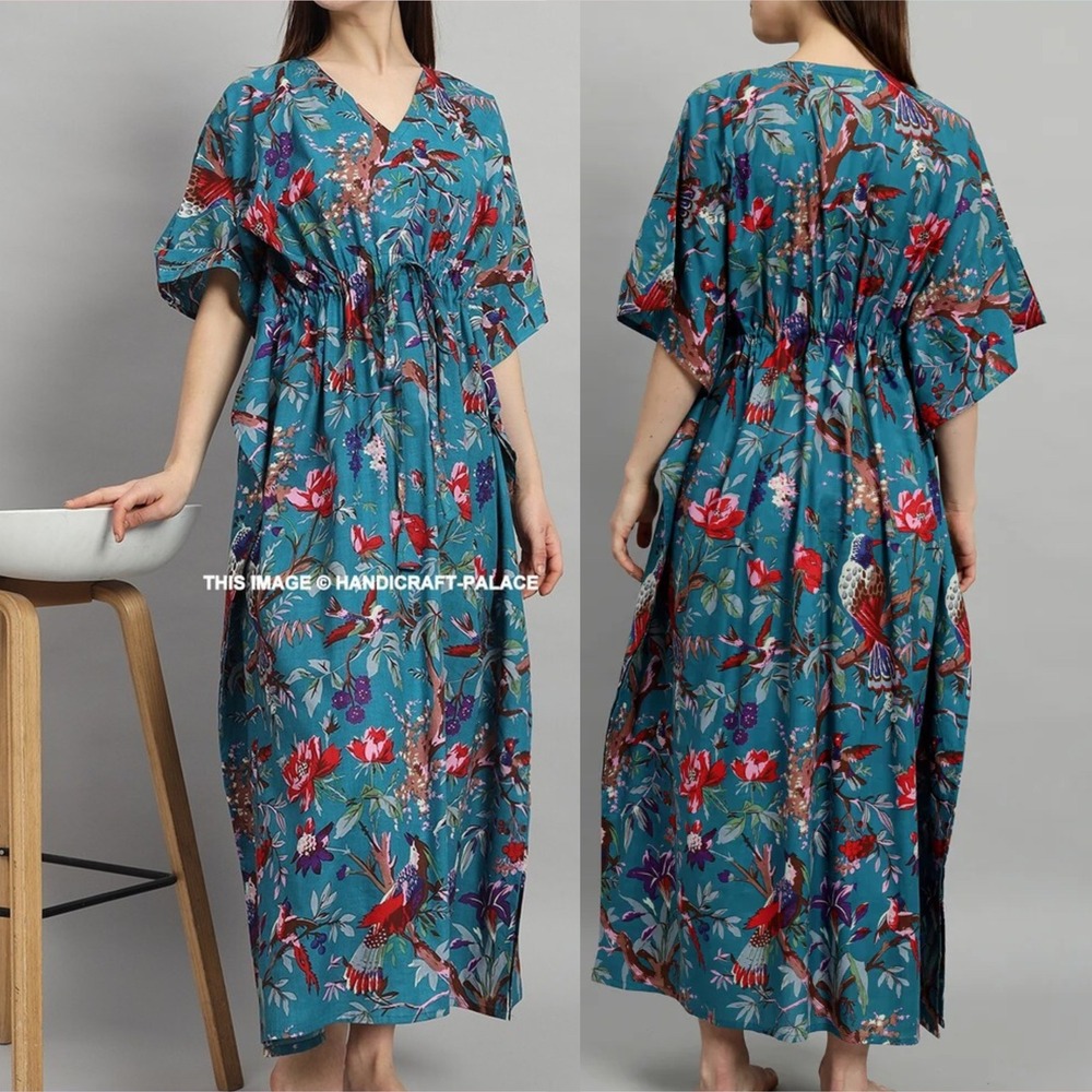 Floral Bird Printed Cotton Kaftan Maxi Dress, One‎ Size Teal | White Lotus Boho